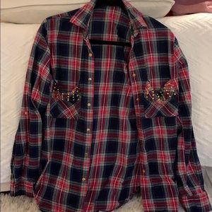 Red flannel shirt with gold studded pockets